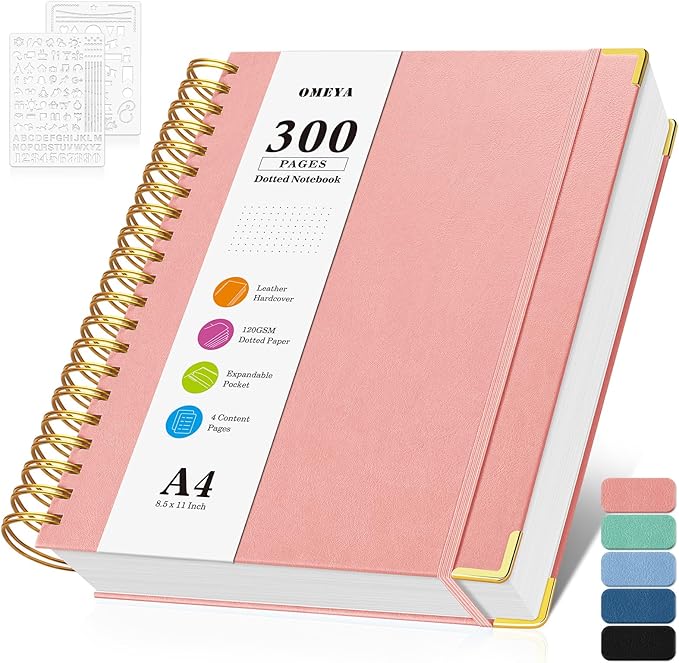 Bullet Dotted Journal Spiral Notebook, 300 Pages Leather Notebooks with Contens, 120 GSM Thick No Bleed Through Paper Journals, A4 Large Dot Grid Notebook for Women Men Work Writing, 8.5" x 11", Pink