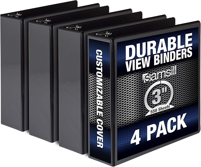 Samsill Durable 3 Inch Binder, Made in the USA, Round Ring Customizable Clear View Binder, Black, 4 Pack (MP48480)