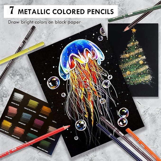 KALOUR Premium Colored Pencils,Set of 72 Colors,Artists Soft Core with Vibrant Color,Include 7 Metallic Color Pencils,Ideal for Drawing Sketching Shading,Coloring Pencils for Adults Beginners