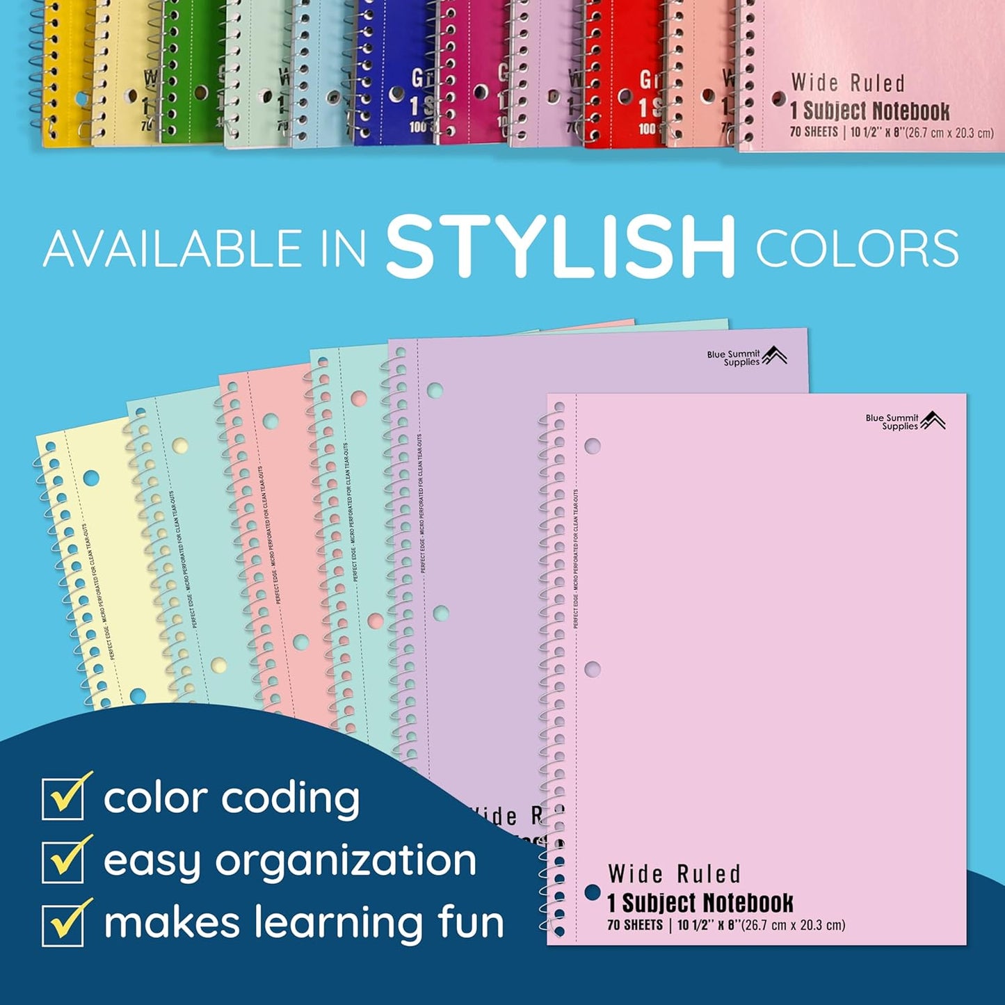 Blue Summit Pastel School Notebooks, 1 Subject Notebooks for School Wide Ruled, 6 Pack
