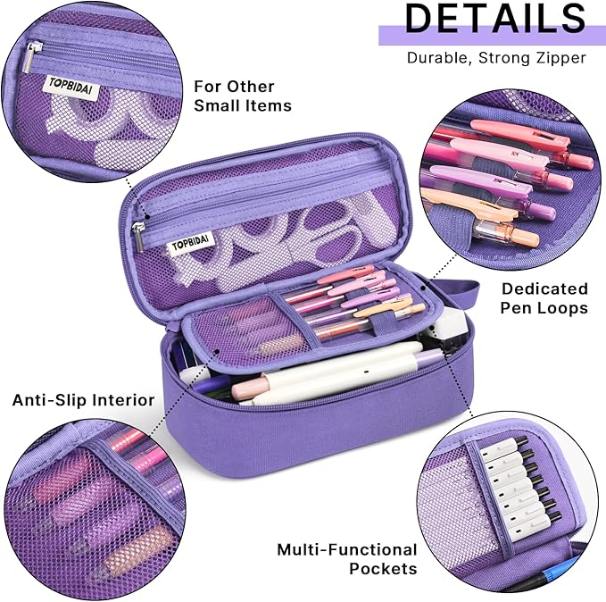 Large Pencil Case Pouch for Girls Boy Kids Children, Big Capacity Canvas Pencil Bag, Office College School Multi Compartment Zipper Stationery Pen Bag (Purple)