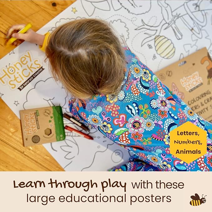 Honeysticks Kids Activity Set - 4 Giant Coloring Posters for Kids and 8 Jumbo Beeswax Crayons - Fun and Educational Posters for Toddler, Preschool Coloring. Perfect Gifts for Toddlers, Kids Aged 3-5