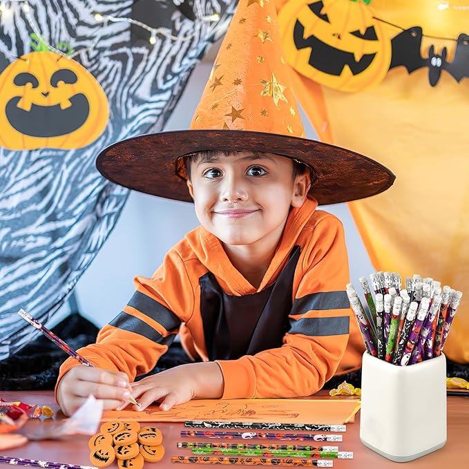 24 Pieces Carton Halloween Pencils with 24 Pieces 3D Pumpkin Erasers Sets in Bulk for Kids Funny Erasers Cute Pencils for Holiday Goodie Bags Fillers Gifts School Classroom Rewards Supplies (Hallween)