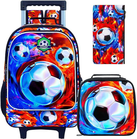 3Pcs Soccer Rolling Backpack for Boys, Kids School Backpacks with Wheels, Roller Bookbag with Lunch Box for Elementary Preschool(Ice and Fire)