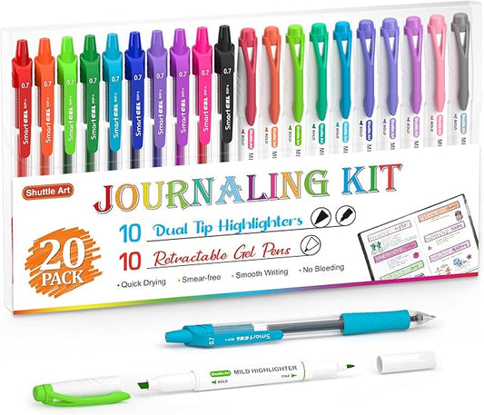 Shuttle Art 20 Pack Journaling Kit,10 Colors Dual Tip Highlighters and 10 Colors Retractable Gel Ink Pens,Perfect for Kids and Adults Coloring,Underlining, Highlighting, Writing in Office Home&School