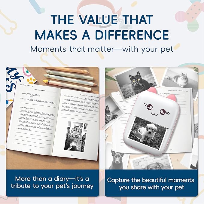 Bluetooth Mini Pet Photo Printer with Diary Book – Portable Thermal Sticker Printer for Smartphone – Includes 3 Rolls & “My Pet's Life Story” by Sean Doherty a Lifelong Animal Lover (Especially Dogs)