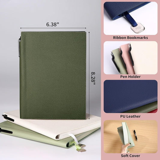 Lined Journal Notebook for Women A5 Softcover PU Leather Journals for Writing, 160 Pages Daily Journaling, College Ruled Notebooks for Work School, Business 6.38'' X 8.28'' Army Green