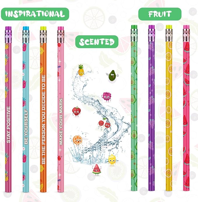 Leinuosen 200 Pcs Scented Pencils for Kids Cute Motivational Colorful Fun Wood HB Pencils Bulk with Erasers Fruit Elements for School Office Classroom Student