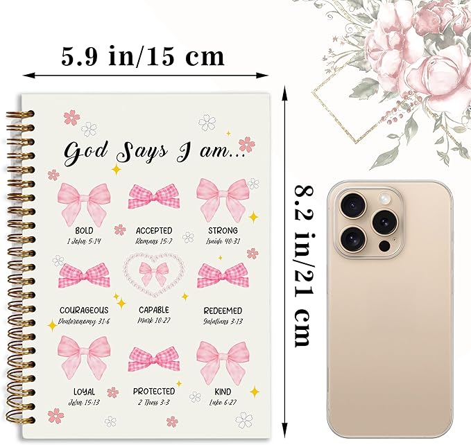 Bible Notebook, A5 Spiral Christian Journal with Floral Pink Butterfly Notebook, Bible Verse-God Says You Are, Inspirational Notebooks for Women, Bible Study, Gift for Birthday Christmas