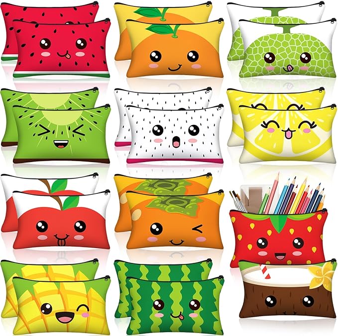 Hosuly 24 Pcs Bulk Fruit Zipper Pencil Case Pouch Sports Pen Bag Multicolored Strawberry Watermelon Orange Mango Canvas Pencil Pouch Organizer for Boy Kids Girl Stationary Storage School