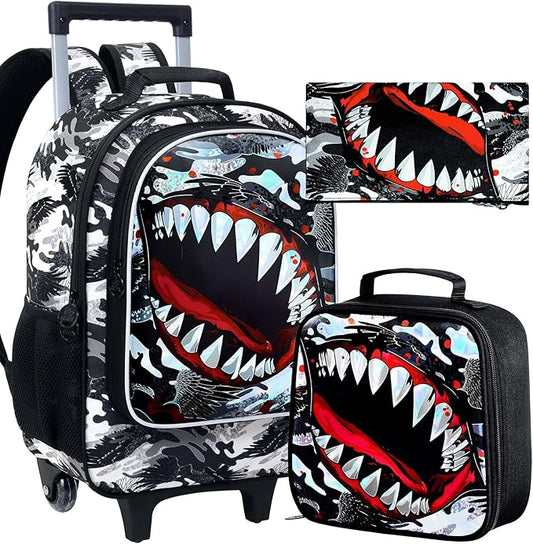 3PCS Shark Rolling Backpack for Boys, Roller School Backpack with Wheels, Kids Wheeled Bookbag for Elementary Preschool Kindergarten(Black)