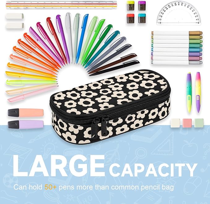 Black with Beige Flower Large Pencil Pouch Big Capacity Cute Pencil Case for Girls Boys Teen Women Men Adult,Portable Kids Pencil Bag with Zipper,Stationery Storage Pen Bag for School Office Organizer