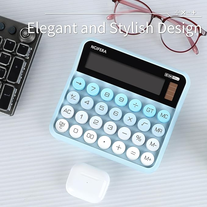 Mechanical Calculator,12 Digits, Large LCD Display,Big Buttons,Solar and Battery Dual Power Mechanical Keyboard Desktop Calculators,Cute and Aesthetic (Blue Gradient, Large)