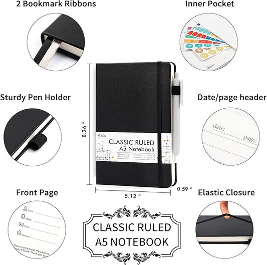 feela 12 Pack Notebooks Journals Bulk with 12 Black Pens, A5 Hardcover Notebook Classic Ruled Journal Set with Pen Holder for School Business Work Travel Writing, 120 GSM, 5.1”x8.3”, Black