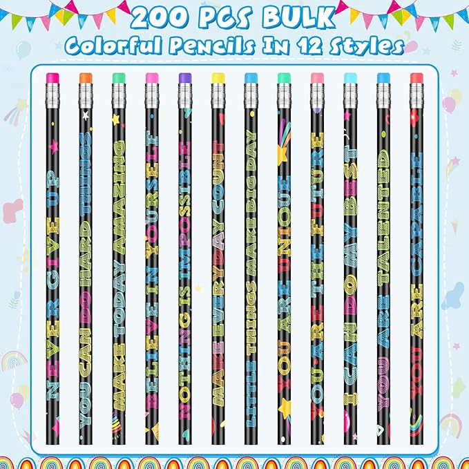 200 Pcs Motivational Pencils Bulk, Fun Inspirational School Pencils for Classroom, Cute Wood Pencils with Encourage Positive Sayings, Back to School Supplies for Kids Student Teacher Classroom Reward