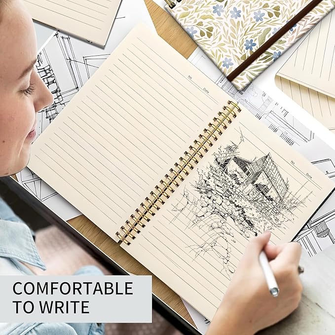 Spiral Journal Notebook, A5 Cute Notebooks for Women Men, College Ruled Hardcover Notebook for Work & Note Taking, 60 Pages Double-Wire Journals for Writing, Boho Leaf