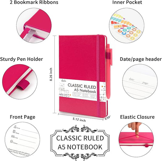 feela 24 Pack Journal Notebook for Work, Business Notebook Bulk Hardcover Lined Writing Journal with Pen Holder for Men Women Note Taking, with 24 Black Pens, 120 GSM, 5.1”x8.3”, A5, Berry