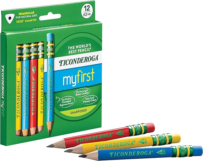 Ticonderoga My First Short Triangular Wood-Cased Pencils, #2 HB Soft, With Erasers, Primary Colors, 12 Count