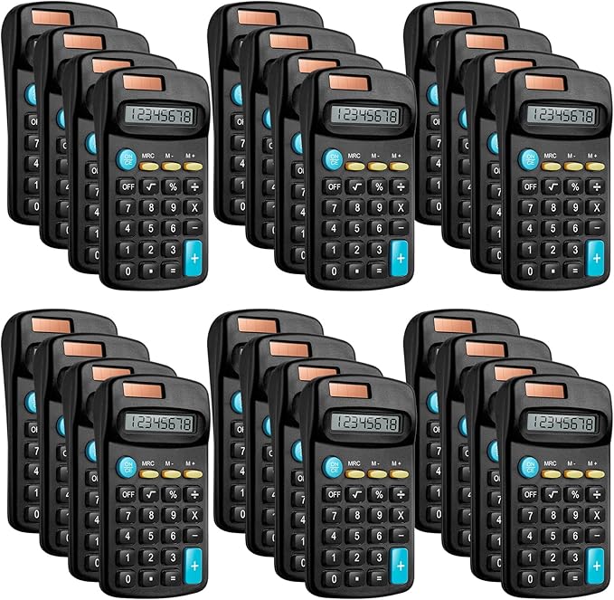 24 Packs Pocket Size Mini Black Calculator Basic Calculators for Handheld Angled Students 8 Digit Display Solar Battery Dual Power Small Calculator for Students Kids Home Office
