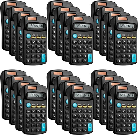 24 Packs Pocket Size Mini Black Calculator Basic Calculators for Handheld Angled Students 8 Digit Display Solar Battery Dual Power Small Calculator for Students Kids Home Office