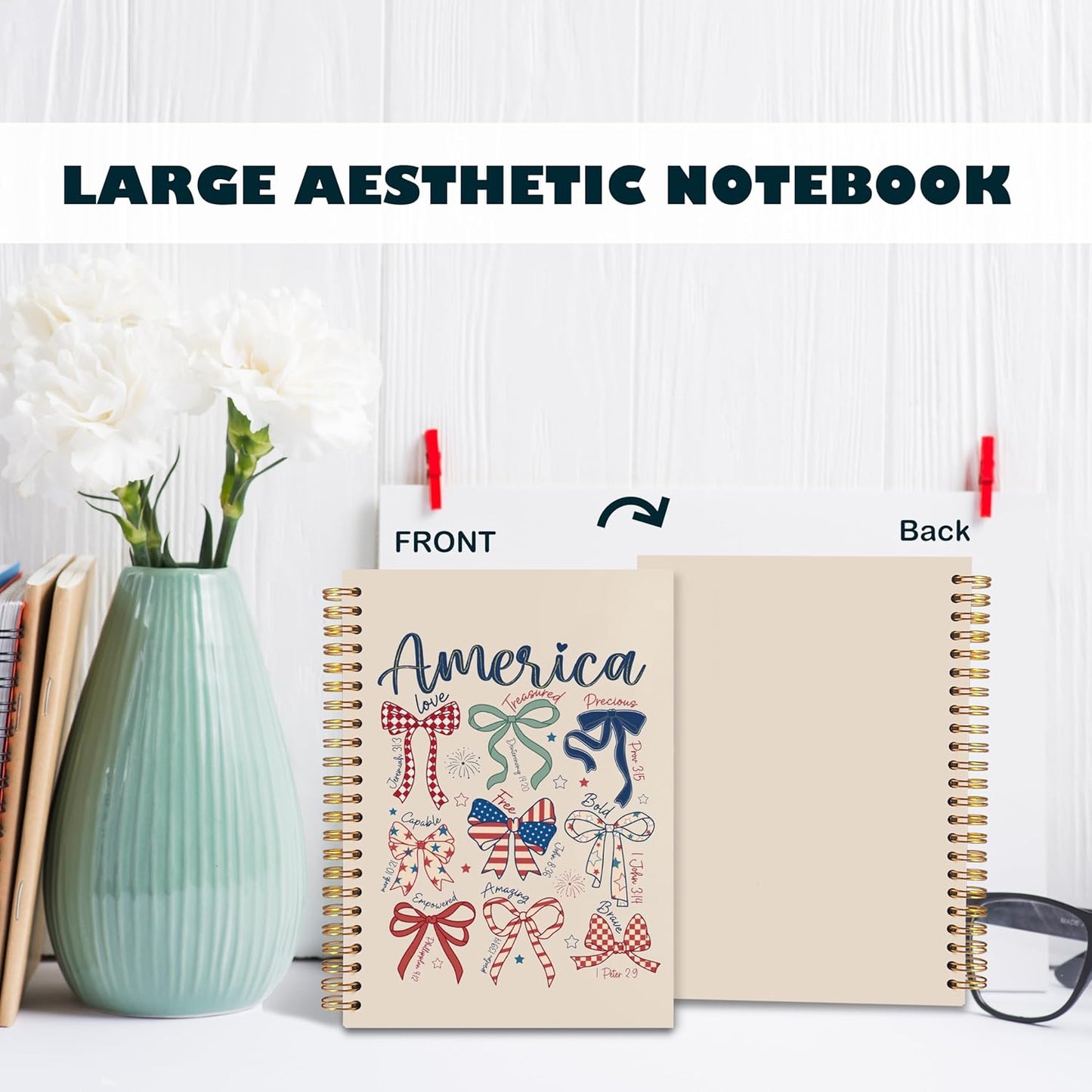 BearCake America Patriotic Christian Notebook Journal, Retro Coquette Red White Blue Bow Prayer Journal for Women, 4th of July Bow Religious Hardcover Spiral Notebook 5.5x8.3