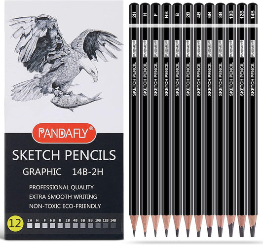 PANDAFLY Professional Drawing Sketching Pencil Set - 12 Pieces Graphite Pencils(14B - 2H), Ideal for Drawing Art, Sketching, Shading, Artist Pencils for Beginners & Pro Artists