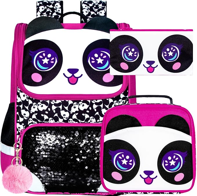 3PCS Bookbag for Girls, 15" Kids Sequin Bookbag with Lunch Box, Panda School Bag Set for Elementary Preschool Toddler