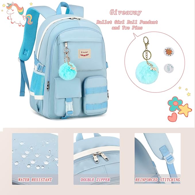 Girls Backpack,15.6 Inch Laptop School Bag Large Primary Elementary Middle College Bookbags Kids Backpacks for Teens Girls Women Students Anti Theft Travel Daypack (Blue)