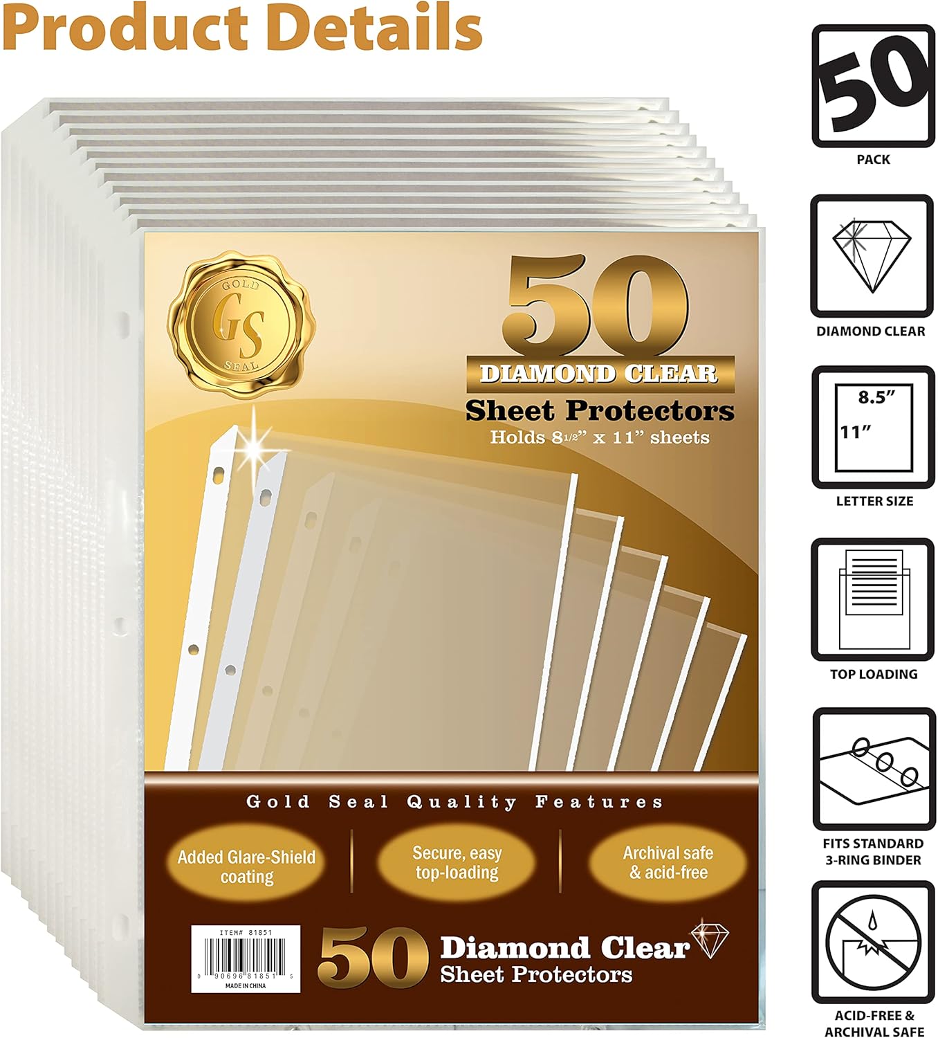 GOLD SEAL 50 Count Diamond Clear Sheet Protectors, Anti Glare Coating, Standard Durable Weight, 8.5 x 11, Topload, 50 Pack