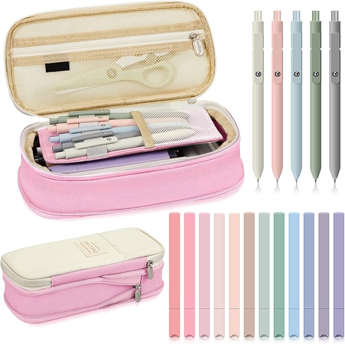Henoyso 18 Set Aesthetic School Supplies Include Big Capacity Study Pen Bag with Zipper 12 Pcs Chisel Tip Bible Highlighters 5 Pcs Quick Dry Retractable Black Ink Pens for Student Office(Pink)