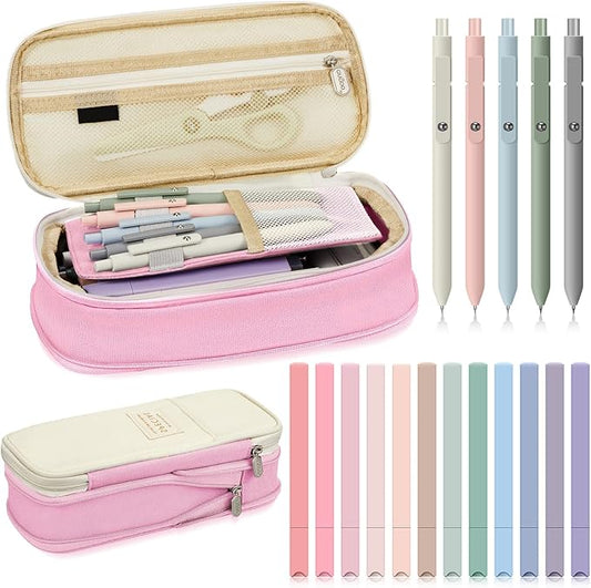 Henoyso 18 Set Aesthetic School Supplies Include Big Capacity Study Pen Bag with Zipper 12 Pcs Chisel Tip Bible Highlighters 5 Pcs Quick Dry Retractable Black Ink Pens for Student Office(Pink)