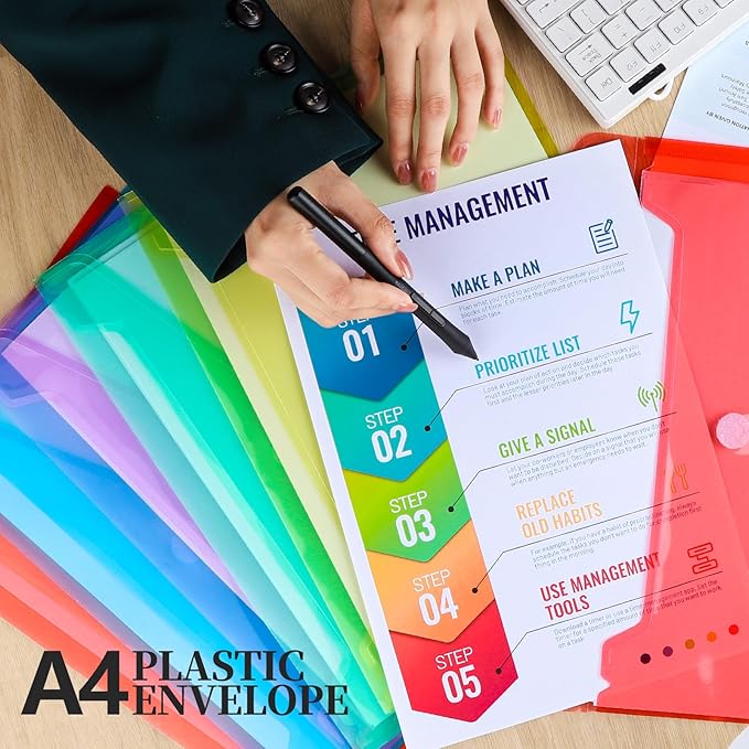 LEOBRO Plastic Envelopes, 8 PCS Plastic Folders for Documents, A4 File Folder, Document Holder, Poly Storage File Bags, Filling Envelopes