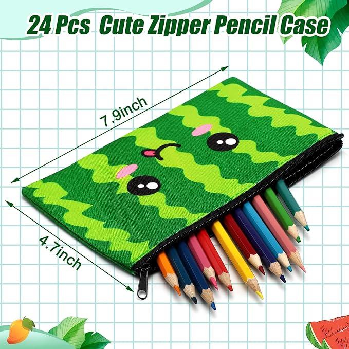 Hosuly 24 Pcs Bulk Fruit Zipper Pencil Case Pouch Sports Pen Bag Multicolored Strawberry Watermelon Orange Mango Canvas Pencil Pouch Organizer for Boy Kids Girl Stationary Storage School