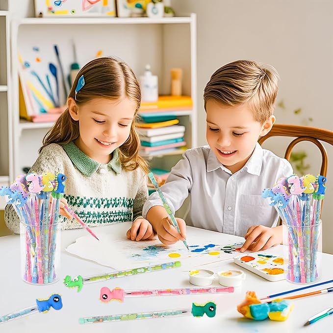48 Pieces Cute Dinosaur Stackable Pencils Cartoon Dinosaur Party Favors Translucent Multi Point Push Fun Pencils.