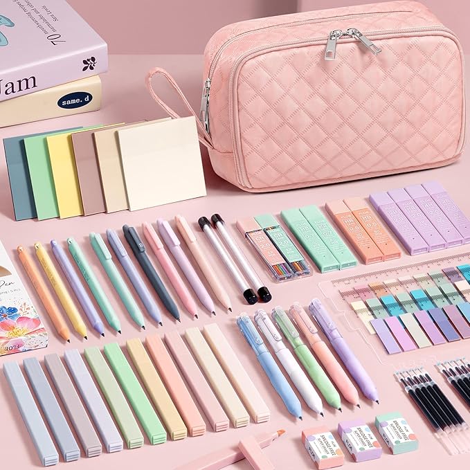 62PCS Aesthetic School Supplies with Cute Pencil Case, Pastel Highlighters Black Ink Gel Pens Mechanical Pencils Kit, Back to School Supplies College Essentials Preppy Stationary Set for Student Girls