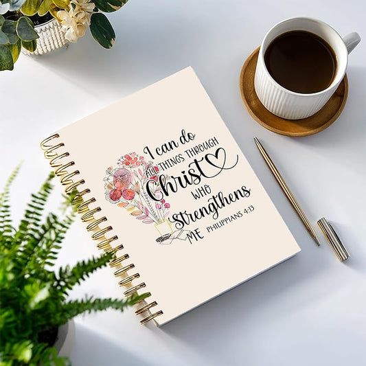 Bible Notebook, A5 Spiral Christian Journal Pink Floral Notebook, Bible Verse-I Can Do All Things Through Christ Who Strengthens Me, Inspirational Notebooks for Women, Gift for Birthday Christmas