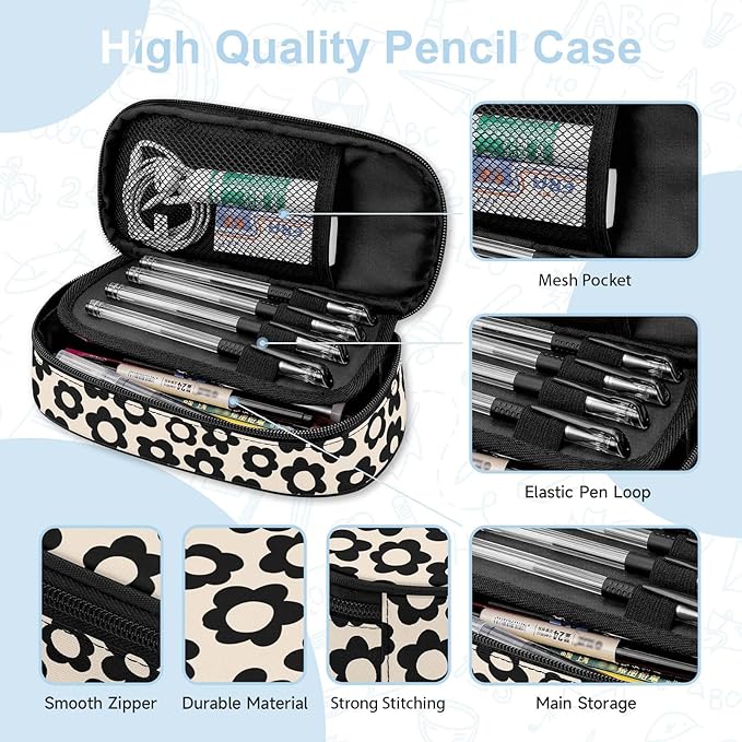 Beige with Black Flower Large Pencil Pouch Big Capacity Cute Pencil Case for Girls Boys Teen Women Men Adult,Portable Kids Pencil Bag with Zipper,Stationery Storage Pen Bag for School Office Organizer