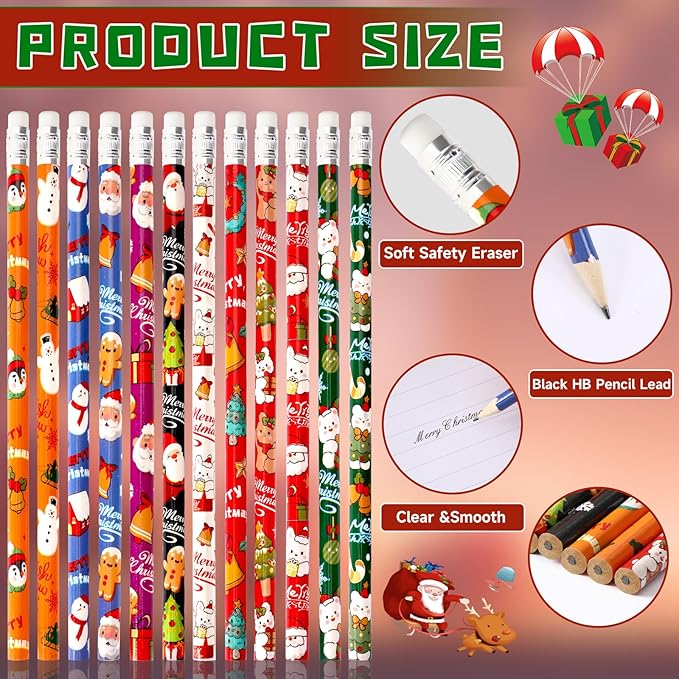 JULMELON 72PCS Christmas Party Favors Set, 36PCS Christmas Pencils with 36PCS Snowman Snowflake Santa Erasers, Pencils for Kids School Classroom Winter Holiday Party Reward Supplies