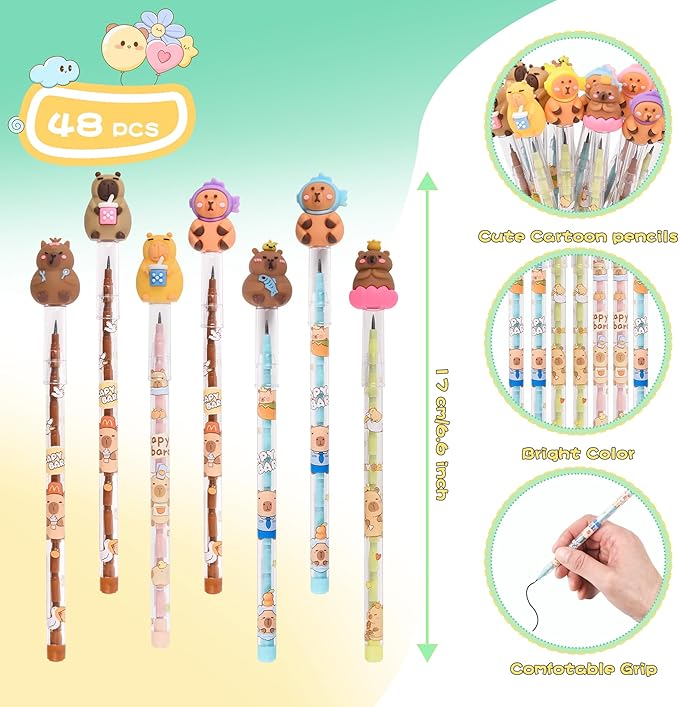 48 Pieces Cute Capybara Stackable Pencils Capybara Party favors Translucent Multi Point Push Fun Pencils Gifts for School Supplies Classroom Rewards.
