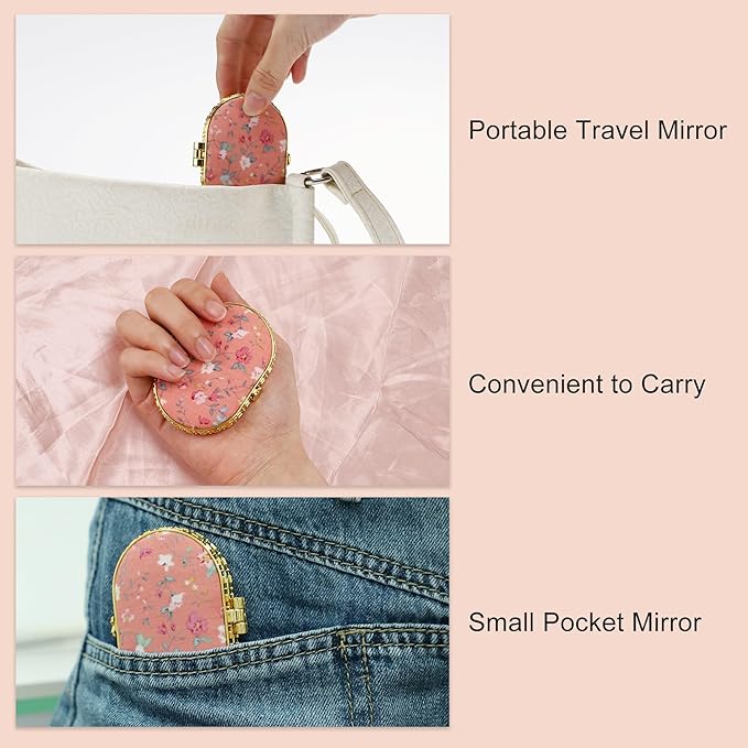 VOCOSTE Compact Pink Flower Pocket Mirror - Oval Mini Folding Mirror for Purse, Travel or Home