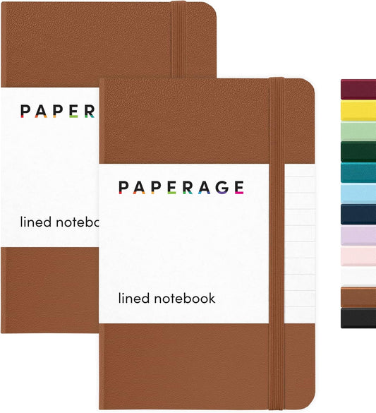 PAPERAGE Lined Pocket Journal Notebook, 2 Pack, (Cognac), 160 Pages, Small Notebook, 3.6 inches x 5.6 inches - 100 GSM Thick Paper, Hardcover