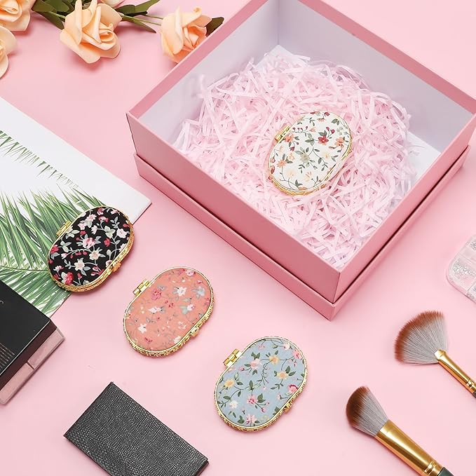 VOCOSTE Compact Mirror for Purses - Flower Pocket, Oval Mini, Floral Small, Vintage Folding, Travel Portable for Women, Black