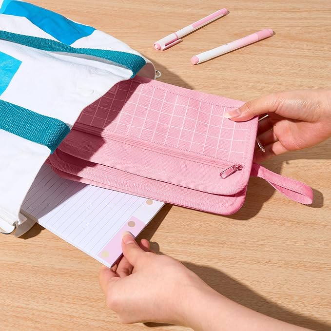 Sooez Large Pencil Case, Big Capacity Pencil Pouch Pen Bag with 3 Compartment, Portable Canvas Stationery Organizer with Zipper, Cute Aesthetic School Supplies for Teen Girls, Sky Blue with Plaid