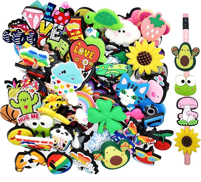 YEALQU 100PCS Random Different Pencil Topper Decoations Cute PVC Pencil Toppes Lovely Black Clip for Pupil/Junior Students Gifts Awards