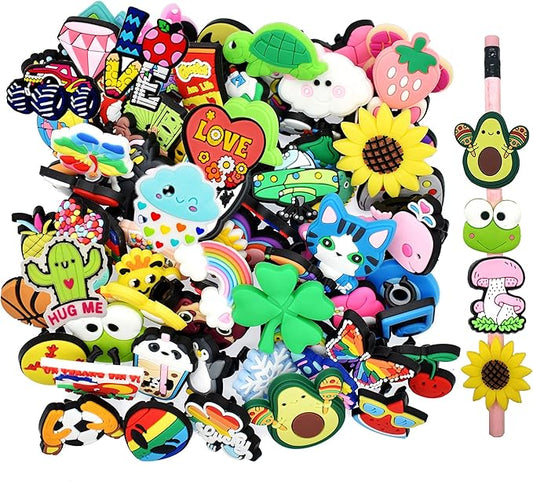 YEALQU 100PCS Random Different Pencil Topper Decoations Cute PVC Pencil Toppes Lovely Black Clip for Pupil/Junior Students Gifts Awards