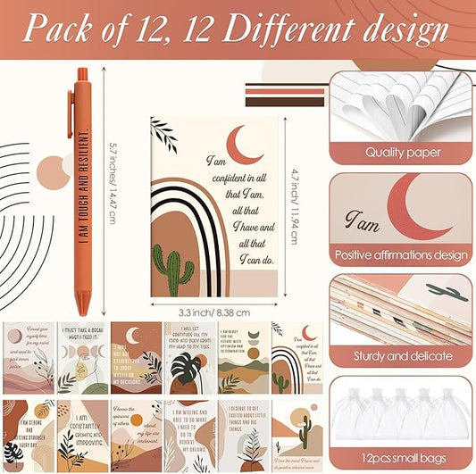 Mooliwe 12 Set/24 Pcs Positive Affirmation Gift Set Gratitude Notebooks with Pens Small Bags Motivational Encouragement Notepads Daily Affirmations Journal for Women Stress Relief Self Care(Rainbow)