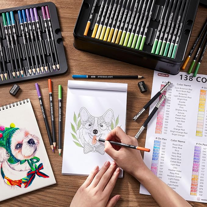 Shuttle Art 138 Colors Professional Colored Pencils, Soft Core Coloring Pencils Set with 1 Coloring Book,1 Sketch Pad, 4 Sharpener, 2 Pencil Extender, Perfect for Artists Kids Adults, Drawing