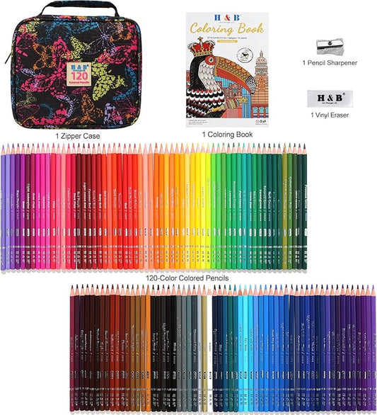 H & B 120-Color Colored Pencils Set with Coloring Book, Eraser, and Sharpener - Perfect for Drawing and Coloring - Soft Oil-Based Cores Ideal for Adults, Kids, and Beginners