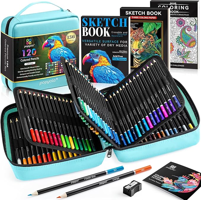 136 PCS Colored Pencils Set for Adult Coloring Books, 120 Colored Pencils with Sketchbook, Coloring Book, Sharpener, Soft Core Oil-Based Coloring Pencils for Artists Drawing Sketching Blending Shading