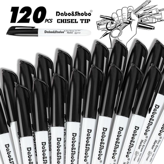 Dabo&Shobo Dry Erase Markers Bulk, 120 Count Black Whiteboard Markers, Low Odor Dry Erase Markers, Chisel Tip, Suitable for School, Office, or Home